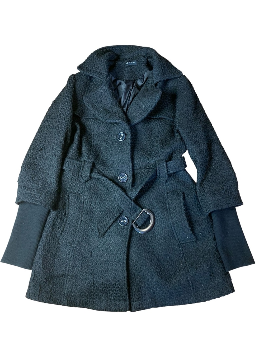 Seductions Black Bouclé Knit Belted Trench Coat Jacket Ribbed Cuffs Women's Sz L